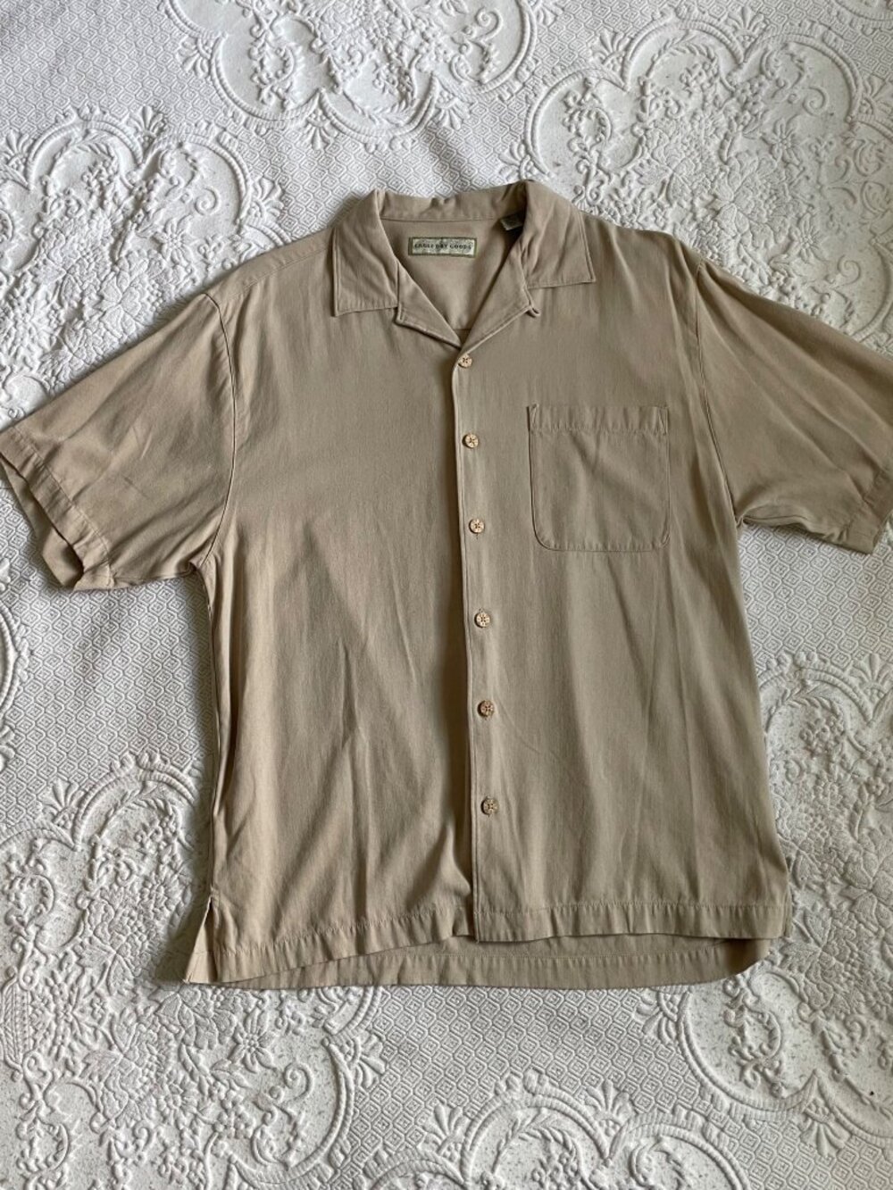 Vintage Eagle Dry Goods Co. 100% Silk Short-Sleeve Camp Shirt Tan Men's Size Med
